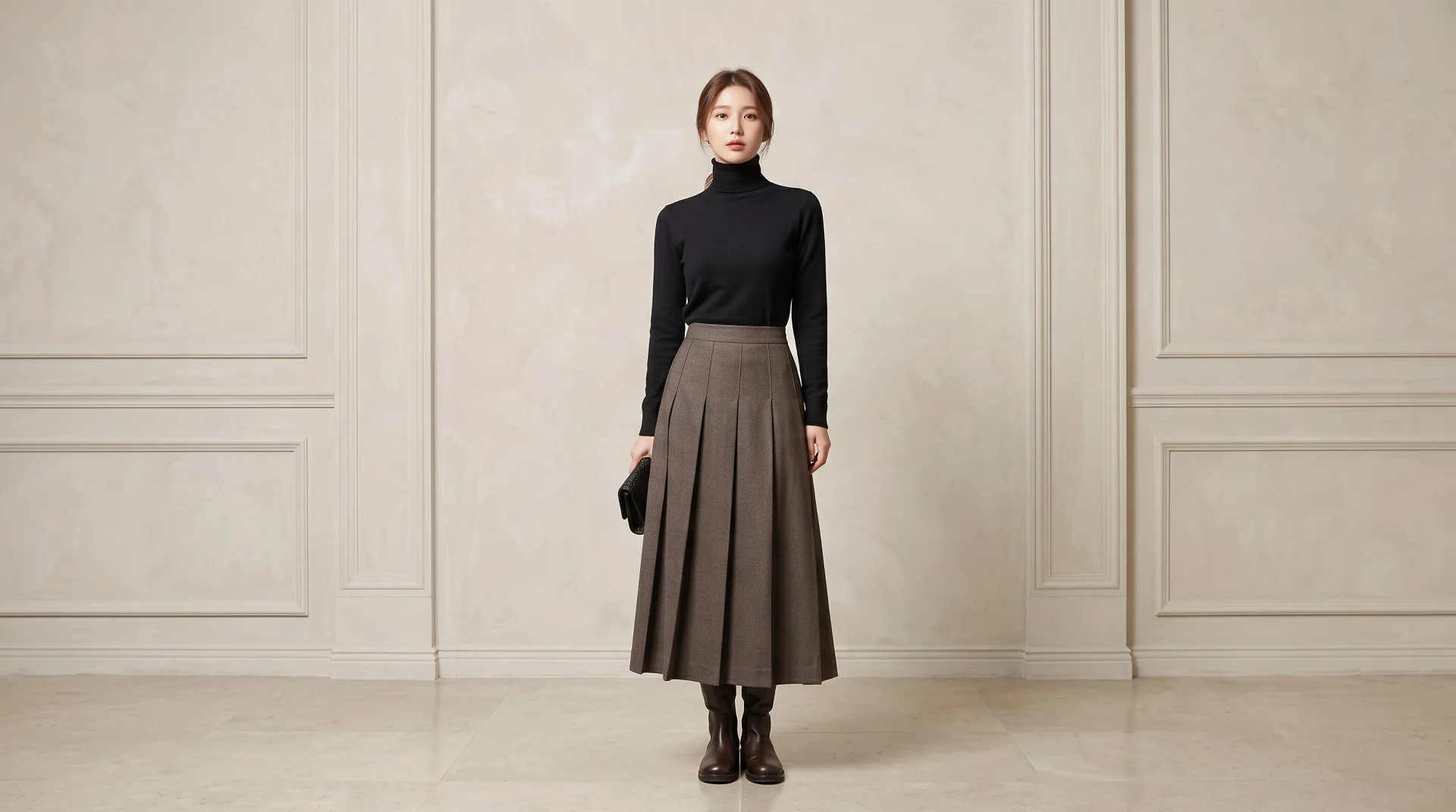 High Waist Pleated Midi Skirt Brown product